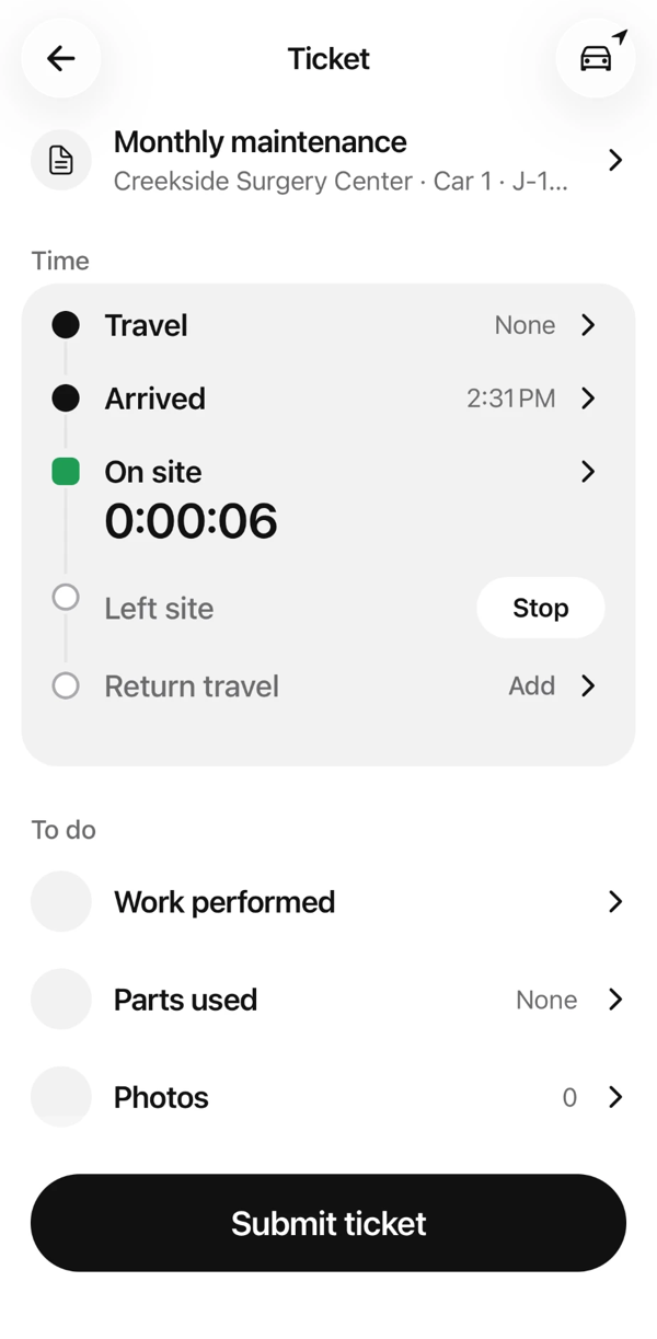 Zip OS ticket showing Arrived 2:31 PM and the on-site clock running, with Stop and Submit ticket buttons