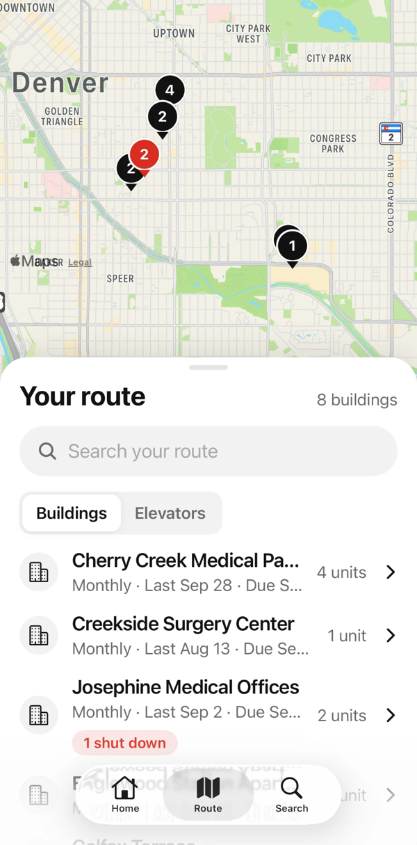 Zip OS route map showing today's buildings in Denver with a list of buildings, units, and due dates