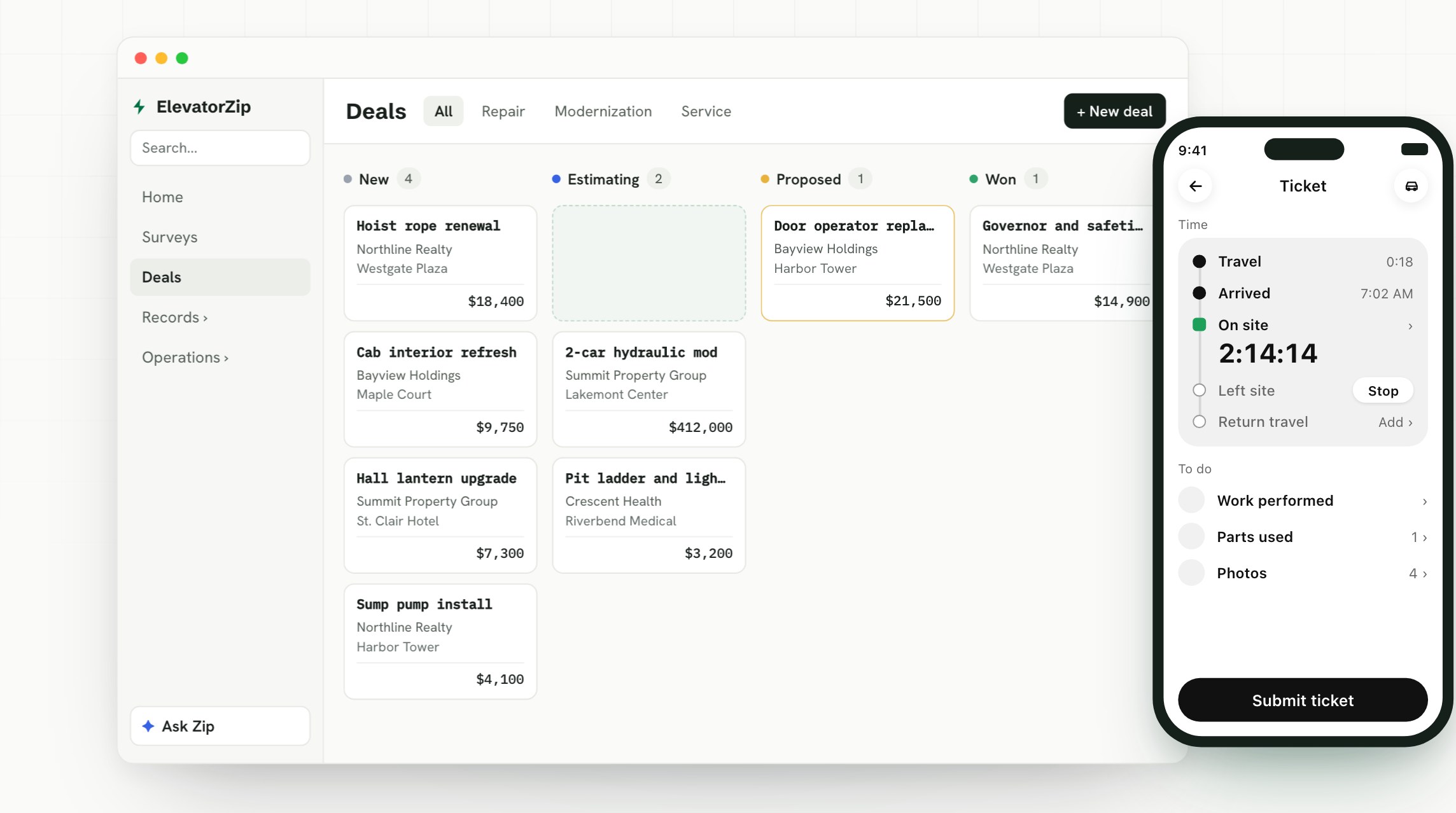 Zip OS deals board with repair and modernization deals in New, Estimating, Proposed and Won columns, next to a mechanic's phone showing a time ticket with the on-site clock running